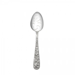 Repousse Sterling Pierced Tablespoon Perfect for serving foods that need to be strained

Sure to become the conversation piece at any dining occasion, this ornate pattern is embellished with an abundance of floral motifs along the entire stem and handle. Named after the art of repoussé - the process of embossing metal from the back by hammering - this luxurious design was first crafted in 1828 and continues to endure as a popular collectible. It adds a distinctive touch to traditional and formal settings, or can lend a surprising pop of texture to a simple modern table. Polish your sterling silver once or twice a year, whether or not it has been used regularly. 

Hand wash and dry immediately with a chamois or soft cotton cloth to avoid spotting. 