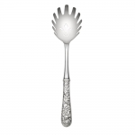 Repousse Sterling Pasta Server, Hollow Handle A pieced spoon used to serve spaghetti, fettuccine and fusilli.

Sure to become the conversation piece at any dining occasion, this ornate pattern is embellished with an abundance of floral motifs along the entire stem and handle. Named after the art of repoussé - the process of embossing metal from the back by hammering - this luxurious design was first crafted in 1828 and continues to endure as a popular collectible. It adds a distinctive touch to traditional and formal settings, or can lend a surprising pop of texture to a simple modern table. 

Polish your sterling silver once or twice a year, whether or not it has been used regularly. Hand wash and dry immediately with a chamois or soft cotton cloth to avoid spotting. 