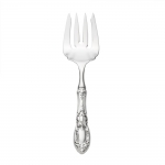 King Richard Sterling Large Serving Fork Named for the Richard the Lion Hearted, this pattern was inspired by the rich architectural decoration of old English mansions. Introduced in 1932, the design appears to be deeply carved so the details stand out clearly, offsetting the central ornamental shield mimicking those carried by knights during the crusades and the pointed oval top and neck framed in curling leaves. The confident styling will elevate every meal into a festive dining experience, and enhance traditional and formal settings. 

Polish your sterling silver once or twice a year, whether or not it has been used regularly. Hand wash and dry immediately with a chamois or soft cotton cloth to avoid spotting.