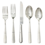 Carine Bright Satin Five Piece Place Setting Measurements: 10.5\L x 2.5\W x 1.75\H
Made in: China
Made of: Metal

Juliska’s flatware is made of the highest quality 18/10 stainless steel. Our flatware is dishwasher safe unless otherwise noted. To care for your stainless-steel flatware, use a mild, non-abrasive cleanser that does not contain citrus, chlorine, alcohol or perfume. To keep your stainless steel looking its best, avoid prolonged contact with tea, coffee, vinegar and salt which can stain, pit and erode your silverware. When dishwashing your flatware, we recommend loading forks and spoons with their handles down, tines and bowls up. Knives should be placed in a separate basket with sharp ends down to prevent unwanted contact with other flatware. Hot air drying increases the chances of discoloration and corrosion. Dry flatware immediately after washing with a soft towel. Care— Stainless Steel & Stainless Steel with Gold Accents— Dishwasher safe. Avoid cleaners that may contain citrus.